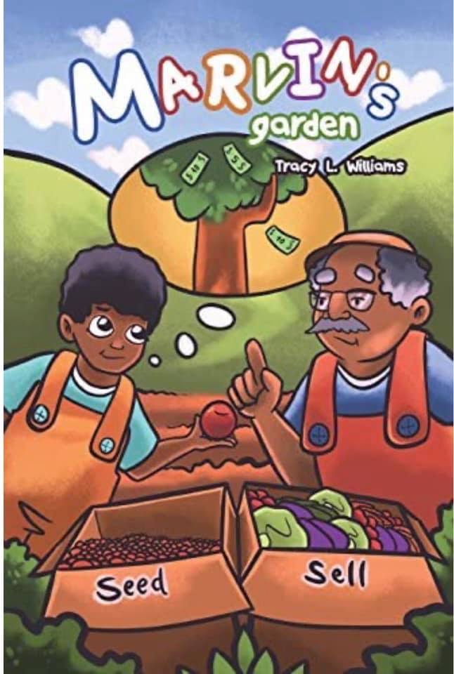 Brightly animated cover with green hills and tree in background, tree shows several dollar bills hanging on green leaves. African American grandfather and elementary aged grandson both wearing coveralls, each smiling while looking at each other and holding a piece of produce in their hands. Two boxes of produce in front of them one labeled sell, the other labeled seed