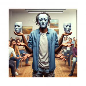 African American man standing confused in a room full of people arms outstretched with different masks hovering over each hand