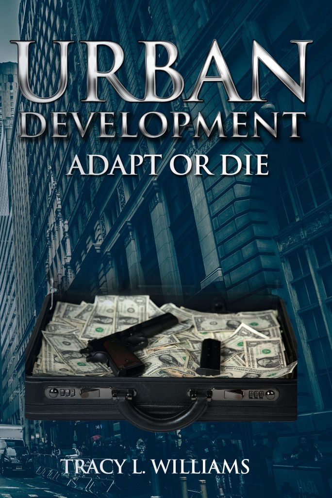 Urban Development Book cover, tall urban building with dozens of windows in background, briefcase filled with cash, handgun and magazine in foreground
