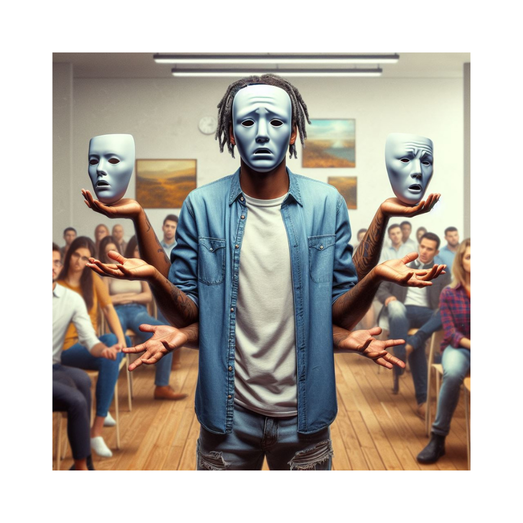 African American man standing confused in a room full of people arms outstretched with different masks hovering over each hand